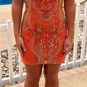Vibrant Orange and Gold Embellished Chandelier Dress